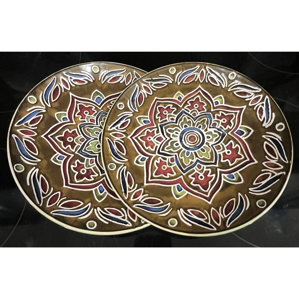 Set of 2 Pier 1 Global Medallion Salad Plates 8.5" Stoneware Moroccan Boho